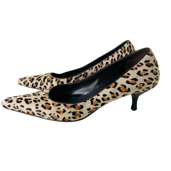 Loft Sz 7.5 Animal Print Leopard Kitten Heel Pumps Pointed Toe Leather Calf Hair - Picture 1 of 12